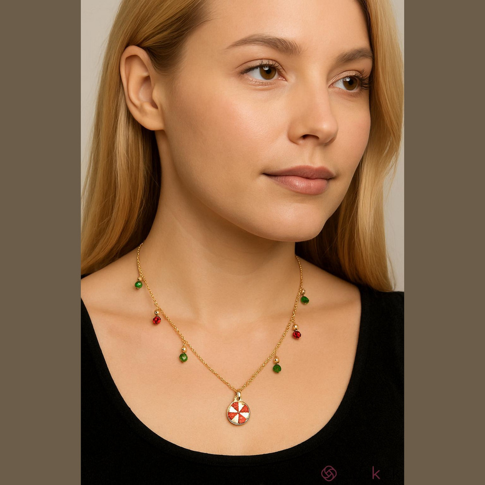Hand Crafted Gold Necklace with Red and Green Charms